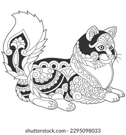 Cute turkish angora cat design. Animal coloring page with mandala and zentangle ornaments