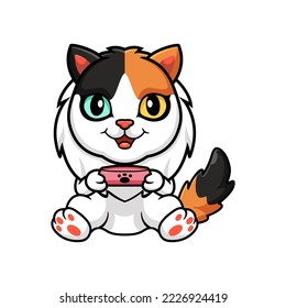 Cute turkish van cat cartoon holding food bowl