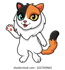 Cute turkish van cat cartoon waving hand