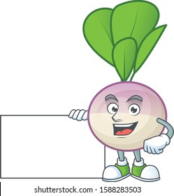 cute turnip cartoon character with a board