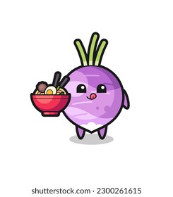 cute turnip character eating noodles , cute style design for t shirt, sticker, logo element