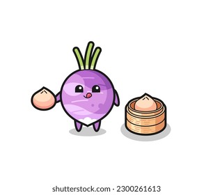 cute turnip character eating steamed buns , cute style design for t shirt, sticker, logo element