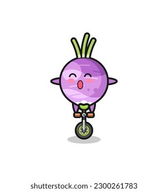 The cute turnip character is riding a circus bike , cute style design for t shirt, sticker, logo element