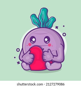 Cute turnip vegetable character mascot holding love heart sign isolated cartoon in flat style design