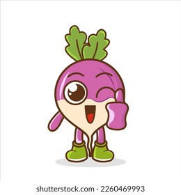 cute turnip vegetable character mascot with thumb up hand gesture isolated cartoon in flat style design