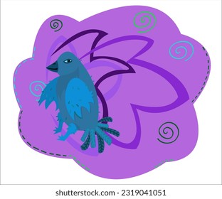 A cute turquoise coloured bird on a violet vintage background. This cartoon illustration can be used as a logotype for zoo, veterinarian, bird's, singing and creative organizations. Vector, isolated.