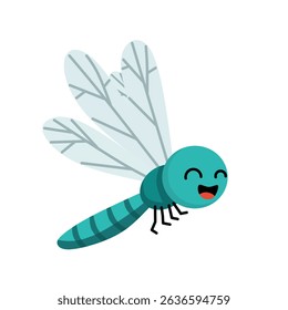 Libélula azul-turquesa bonita com rosto sorridente e asas transparentes. Estilo de desenho animado plano, perfeito para desenhos infantis, materiais educacionais ou ilustrações da natureza