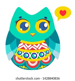 Cute turquoise flat owl with heart. Beautiful vector illustration for your design