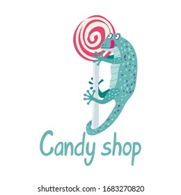 A cute turquoise gecko is hanging on a lollipop. It's happy and wants to eat sweets. Candy shop hand drawn lettering. Great for decoration of sweet shops.Vector illustration isolated on white.