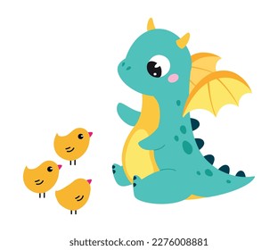 Cute Turquoise Little Dragon with Wings Talking to Yellow Chicks Vector Illustration