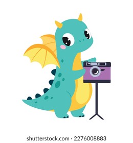 Cute Turquoise Little Dragon with Wings Taking Photo with Camera Vector Illustration