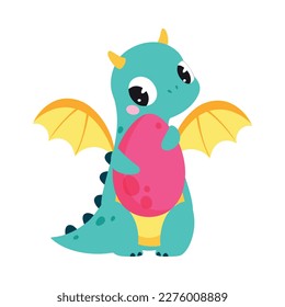 Cute Turquoise Little Dragon with Wings Holding Pink Egg Vector Illustration