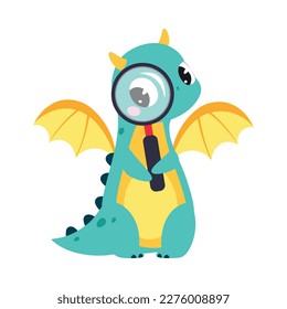 Cute Turquoise Little Dragon with Wings Looking in Magnifying Glass Vector Illustration