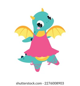 Cute Turquoise Little Dragon with Wings Dancing Ballet in Pink Dress and Pointe Shoes Vector Illustration