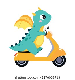 Cute Turquoise Little Dragon with Wings Riding Scooter Vector Illustration