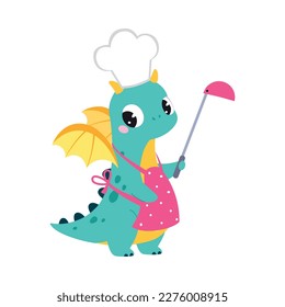 Cute Turquoise Little Dragon with Wings Wearing Apron and Chef Toque Holding Ladle Vector Illustration