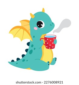 Cute Turquoise Little Dragon with Wings Drinking Warm Tea with Mug Vector Illustration