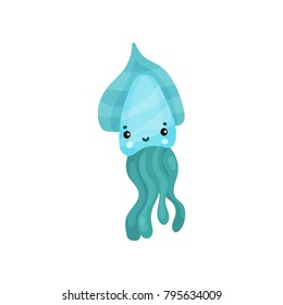 Cute turquoise octopus cartoon character, funny underwater animal vector Illustration