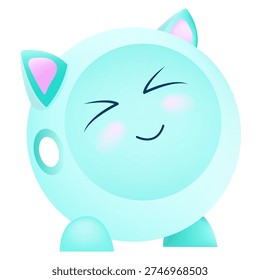 Cute turquoise round robot character with cat ears and smiling face isolated on white. Kawaii mascot, friendly artificial intelligence, or smart toy vector illustration.