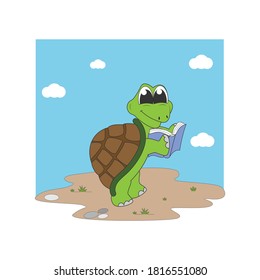 cute turtle animal cartoon illustration design reading a book