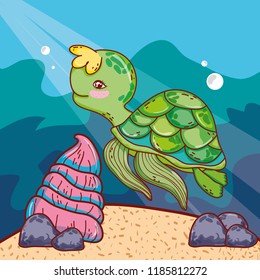 cute turtle animal with shell in the sea