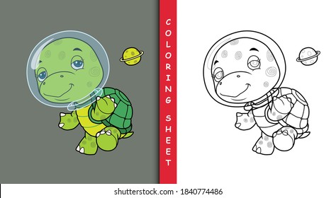 Cute turtle astronaut. Coloring sheet.