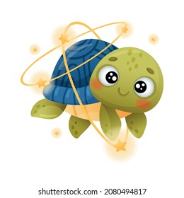 Cute turtle astronaut floating in outer space. Adorable baby tortoise character flying in outer space vector illustration