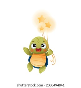 Cute turtle astronaut holding bunch of stars in its paw. Adorable baby tortoise character flying in outer space vector illustration