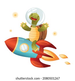 Cute turtle astronaut riding rocket. Funny tortoise character in outer space vector illustration