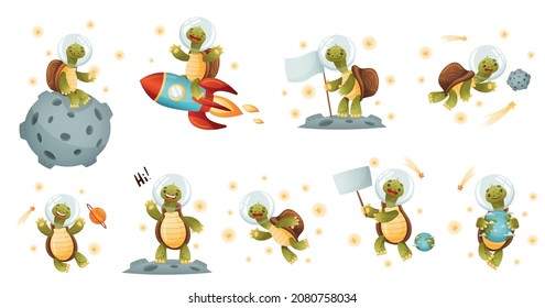 Cute turtle astronaut set. Funny tortoise space tourist character floating in outer space vector illustration