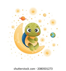 Cute turtle astronaut sitting on moon. Adorable baby tortoise character flying in outer space vector illustration