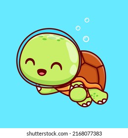 Cute Turtle Astronaut Swimming Cartoon Vector Icon Illustration. Animal Nature Icon Concept Isolated Premium Vector. Flat Cartoon Style