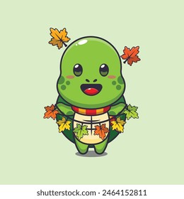 Cute turtle with autumn leaf decoration. Mascot cartoon vector illustration suitable for poster, brochure, web, mascot, sticker, logo and icon.