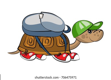 Cute turtle with backpack. Vector cartoon illustration.