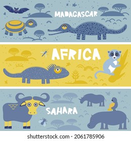 Cute turtle bat crocodile lemur iguana bull hippo rhino parrot fly kids background African animals, Africa, Madagascar, Sahara gray brown yellow gold beige blue navy horizontal card banner. Vector