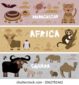 Cute Turtle bat penguin monkey lemur bull parrot fly camel leopard rhino hyena crab African animals, Africa, Madagascar, Sahara gray brown auburn pink beige Rust gray horizontal card banner. Vector