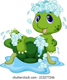 Cute turtle bathing in the shell 