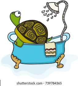 Cute turtle in bathtub with shower