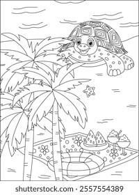 Cute turtle in beach coloring book vector