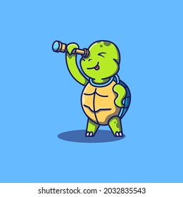 Cute turtle with binoculars looking away vector illustration. Flat cartoon style. Mascot design.