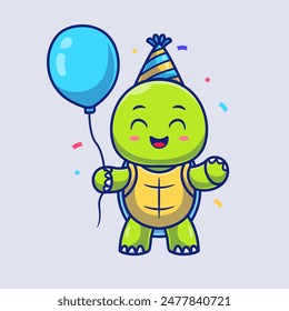 Cute Turtle Birthday Party With Balloon Cartoon Vector Icon Illustration. Animal Holiday Icon Concept Isolated Premium Vector. Flat Cartoon Style