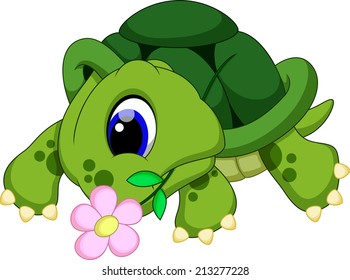 Cute turtle biting a flower