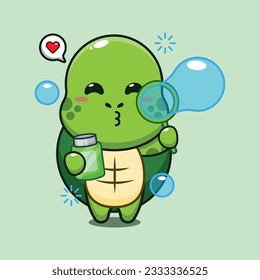 cute turtle blowing bubbles cartoon vector illustration.