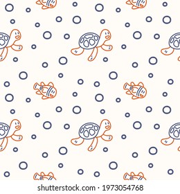 Cute turtle, blue and orange line, cute animal seamless pattern with soft background