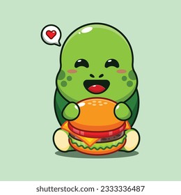 cute turtle with burger cartoon vector illustration.