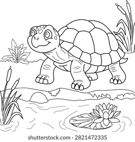 Cute Turtle by the Pond Coloring Page