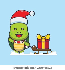 Cute turtle carrying christmas gift box. Cute christmas cartoon illustration. 