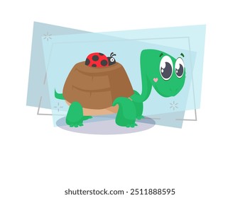 Cute turtle carrying ladybug on shell. Cartoon character, animal, friends. Can be used for topics like friendship, help, support