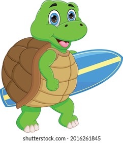 cute turtle carrying surfboard on white background