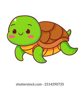 Cute Turtle Cartoon Character. Adorable and Kawaii Undersea Animal Concept Design. Mascot, Icon, Logo Vector Illustration. Isolated White background